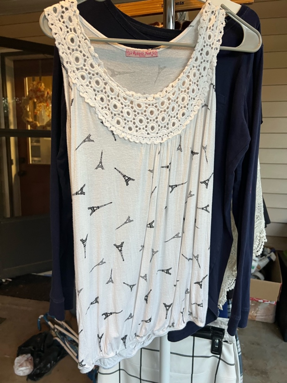 Crochet Yoke Eiffel Print White Tank Top